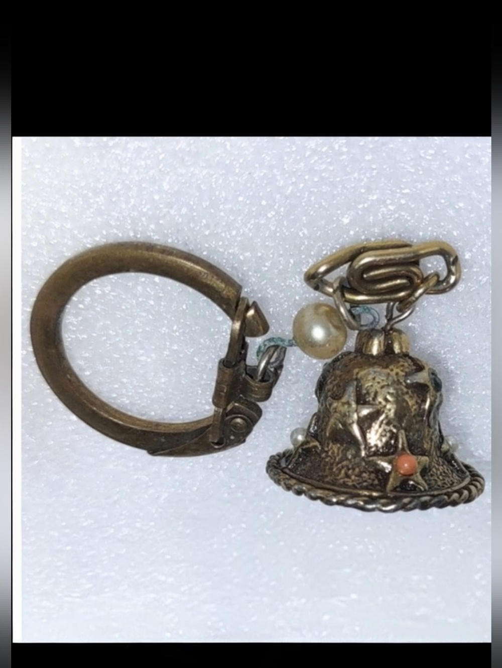 Bell; Antique Brass Key Chain Jeweled Bell w/ Pearl Beads On Stars